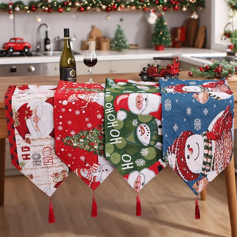 Christmas Table Runner Knitted Jacquard Santa Claus Snowman Pattern With Tassel Holiday Dining Decor