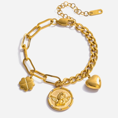 Angel Coin Heart Clover Jewelry Stainless Steel 18K Gold Plated Waterproof Hypoallergenic Necklace Bracelet For Women