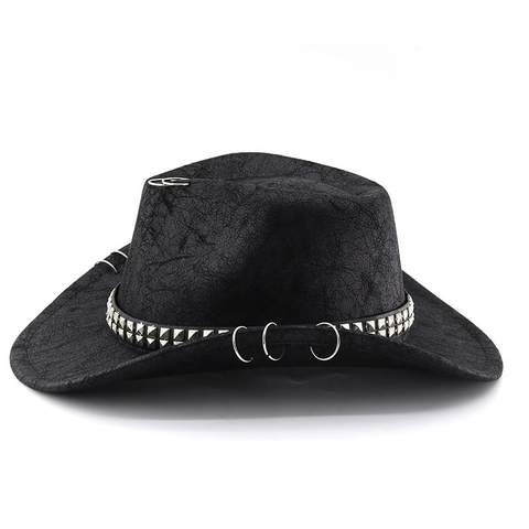 Cappello Da Cowboy Occidentale Ecopelle Punk Rivetto Anello Metallico Tesa Larga Vintage Jazz Per Uomo Donna