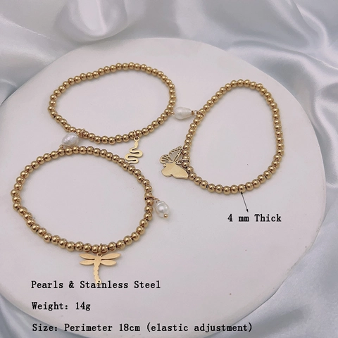 Stainless Steel Beaded Bracelet Women 18K Gold Plated With Artificial Pearl Charm Butterfly Moon Heart Pendant Elastic Jewelry