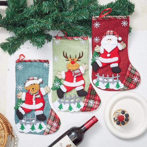 Calza Di Natale Grande Lino Sacchetto Regalo 3D Personaggio Babbo Natale Pupazzo Di Neve Renna Orso Plaid Decorazione