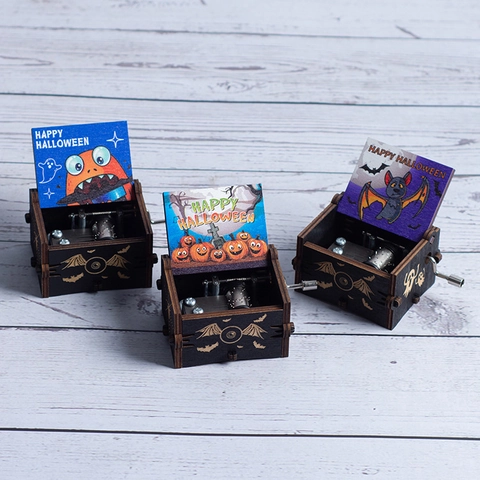 Halloween Hand Crank Wooden Music Box Painted Engraved Manual Musical Box Holiday Gift Home Decor