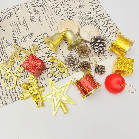 Christmas Tree Decoration Hanging Ornaments Set Plastic Pine Cones Bells Mini Gift Boxes Merry Christmas Letters Festive Party Decor