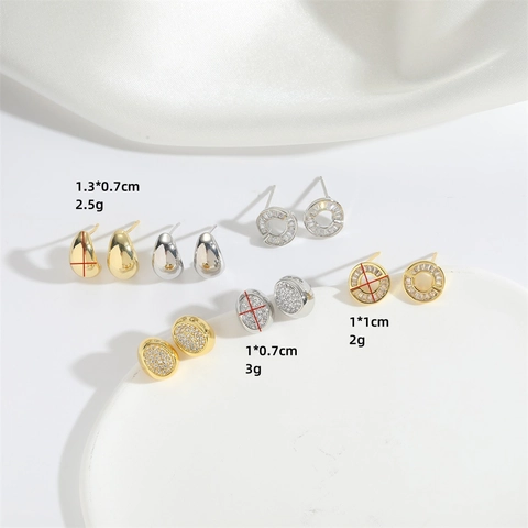 Retro Copper Zirconia Stud Earrings Geometric Oval Hollow Round Waterdrop Gold Silver Plated Fashion Ear Jewelry For Women