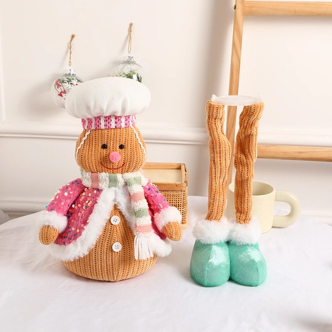 Gestrickter Lebkuchenmann Weihnachtsdekoration LED Leuchtende Ausziehbare Beine Plüschpuppe Feiertag Schreibtisch Ornament
