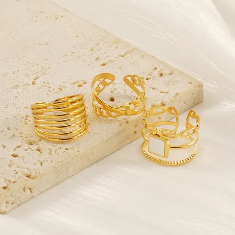 Anillos Abiertos Geométricos Huecos Chapados En Oro 18K Acero Inoxidable Ajustables Eslabones Concha Cuadrada Joyería Mujer