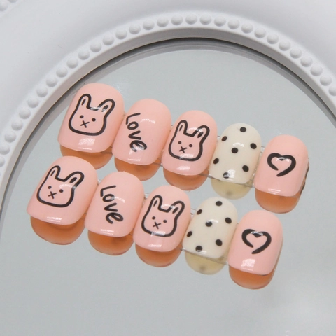 Press On Nails Cute Cartoon Pink White Rabbit Heart Dot Short Square Artificial Fingernails For Women