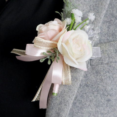 Artificial Rose Boutonniere And Wrist Corsage Satin Flower Satin Ribbon Wedding Party Prom Bridesmaid Groom Accessory