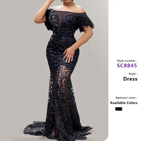 Damen Off-Shoulder Pailletten Meerjungfrau Abendkleid Mit Federn Spitze Mesh Schlanke Passform Lange Partykleid Elegant