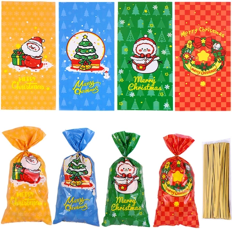 Bolsas de Embalaje de Dulces de Navidad Papá Noel Reno Copo de Nieve Patrón OPP Bolsas de Regalo de Plástico Para Galletas Artículos de Fiesta Con Ataduras