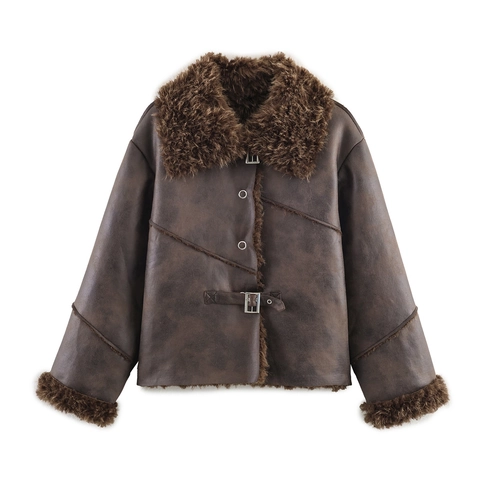 Women Faux Suede Shearling Jacket Vintage Thickened Fur Integrated Coat With Lapel Metal Buckles Streetwear