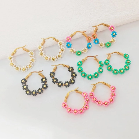 Handmade Beaded Daisy Hoop Earrings Stainless Steel Colorful Flower Earrings For Women Summer Beach Bohemian Jewelry
