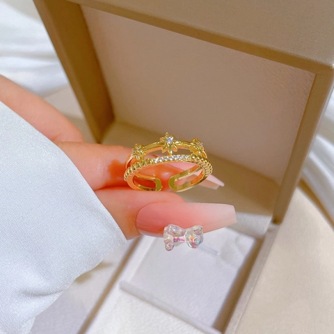 Double Layer Star Adjustable Open Ring Gold Plated Sparkling Zircon Elegant Jewelry For Women
