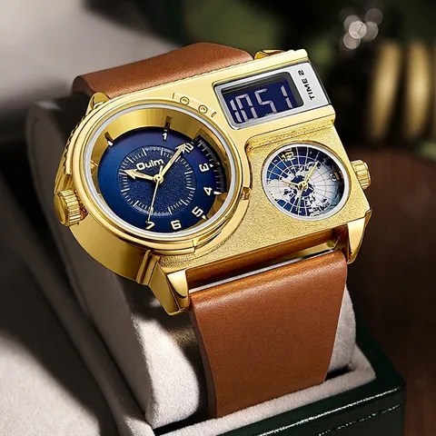 Men Analog Digital Display Quartz Watch Large Dial Alloy Case Leather Silicone Strap Multi Timezone World Map Industrial Sport