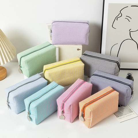 Borsa Per Trucchi In Seersucker A Righe Grande Capacità Beauty Case Viaggio Organizzatore Per Cosmetici Chiusura Lampo Portatile
