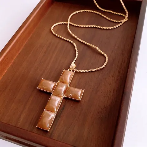 Collar Con Colgante De Cruz De Resina Vintage Tono Dorado Cadena De Cuerda Trenzada Ajustable Estilo Maillard Retro Mujeres