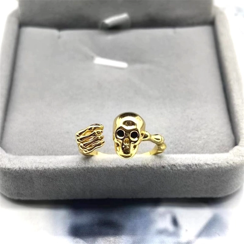 925 Sterling Silver Skull And Skeleton Hand Adjustable Open Ring For Women Punk Gothic Vintage Style Fashion Jewelry