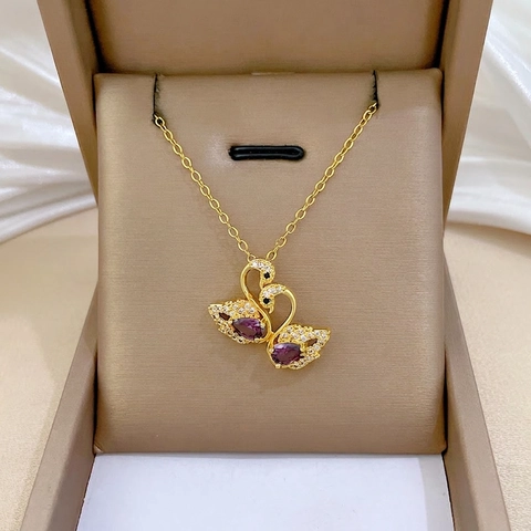Collier Pendentif Double Cygne Acier Inoxydable Cuivre Cristal Violet Strass Élégante Chaîne De Clavicule Bijoux Pour Femmes