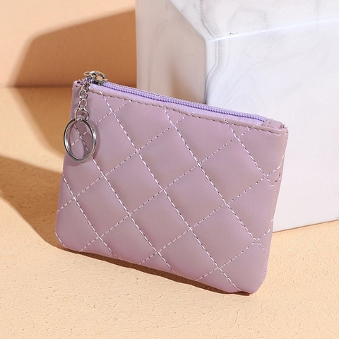Mini Portamonete Donna Pelle PU Motivo Rombi Trapuntato Chiusura Lampo Piccola Portafoglio Con Portachiavi
