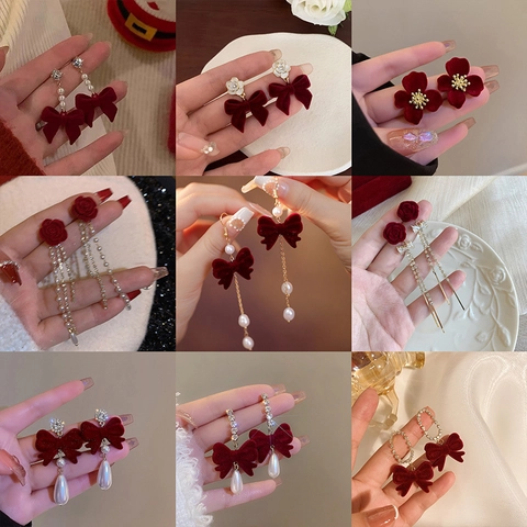 Orecchini Con Fiocco Fiore Perla Artificial Floccato Con Perno In Argento 925 Sterling Velluto Rosso Frangia Gioielli Per Donne