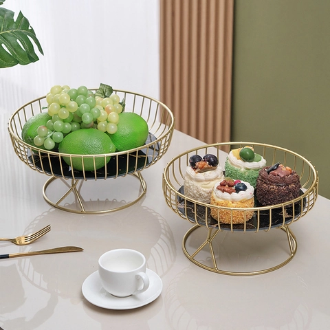 Obstkorb Gold Eisen Mit Marmormuster Glasboden Rund Dessertständer Snack-Tablett Nordischer Luxus Tischdekoration