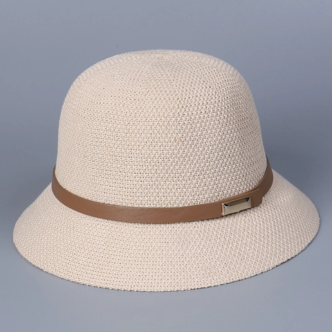 Women Knitted Bucket Hat Cotton Polyester Sun Protection Minimalist Vintage Cloche Cap With Faux Leather Strap Buckle
