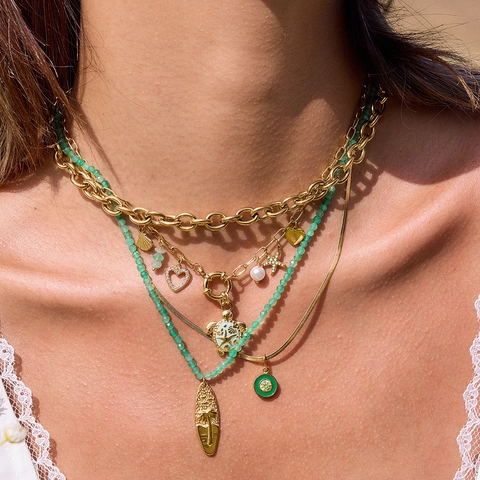 Combinazione Collana Multistrato Bohemien Acciaio Inossidabile Perline Verdi Oceano Stella Marina Conchiglia Tartaruga Tavola Surf Cuore