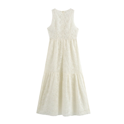 Women Sleeveless Deep V-Neck Lace Maxi Dress Elegant French Style Ivory White Solid Color High Waist Long Skirt