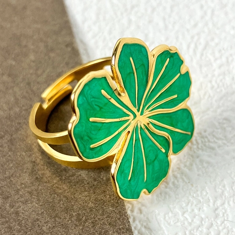 Vintage Edelstahl Emaille Blume Offener Ring Für Damen Verstellbar Grün Vierblättriges Kleeblatt Vergoldet Eleganter Schmuck Geschenk