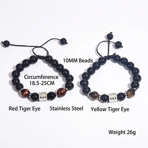 Bracelet Perles Oeil De Tigre Naturel Obsidienne Acier Inoxydable Corde Tressée Ajustable Unisexe Bijoux
