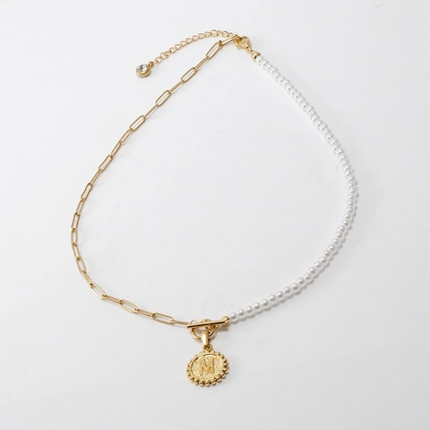 Initial Letter Pendant Necklace Stainless Steel 18K Gold Plated Imitation Artificial Pearl Paperclip Chain OT Buckle Zircon