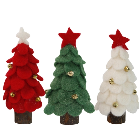Mini Adorno De Árbol De Navidad De Fieltro De Lana Con Base De Madera Y Campanas De Metal Decoración De Escritorio