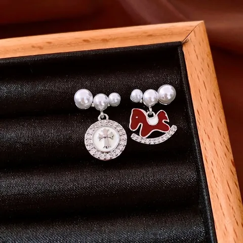 Asymmetrical Red Enamel Rocking Horse Cross Artificial Pearl Earrings With 925 Sterling Silver Earring Post Zirconia Vintage Jewelry