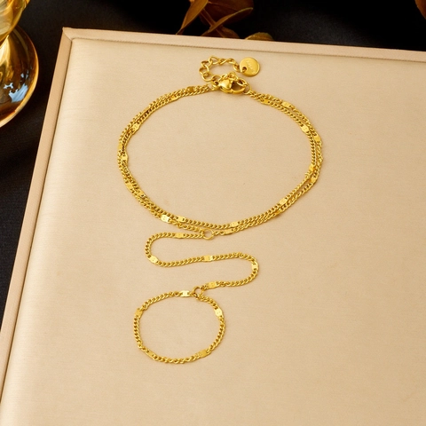 Gold Plated Stainless Steel Hand Chain Integrated Finger Ring Bracelet Double Layer Thin Chain Minimalist For Women