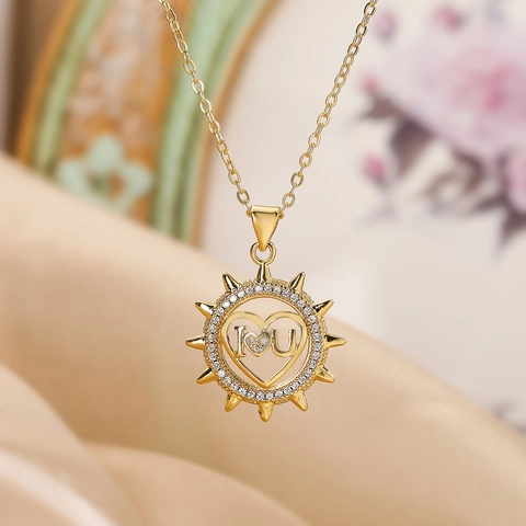 Heart Pendant Necklace Copper Gold Plated Cubic Zirconia Sunburst Hollow Fashionable Delicate Clavicle Chain For Women Gift