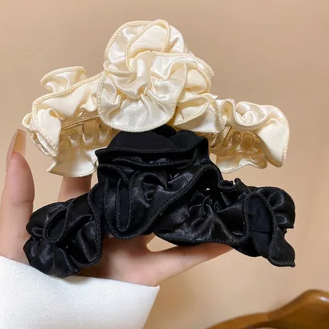 Grande Pinza Per Capelli In Raso Pieghettato Tessuto Con Volant Elegante Fermaglio Accessorio Per Donne Stile Retrò