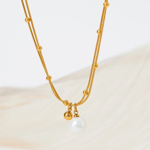 Minimalist Double Layer Stainless Steel Pendant Necklace With Artificial Pearl Gold Silver Bead Chain Fashion Jewelry For Women