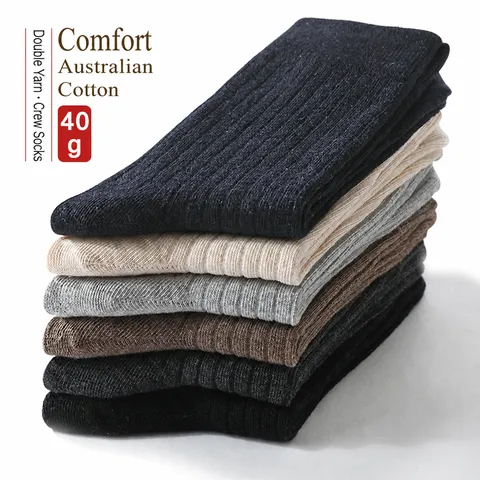 Men Business Crew Socks Australian Cotton Ribbed Mid Calf Breathable Anti Odor Soft Solid Color Comfortable