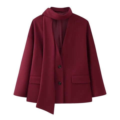 Manteau En Laine Pour Femmes Col Écharpe Asymétrique Coupe Ample Veste Surdimensionnée Rouge Vin Style Britannique