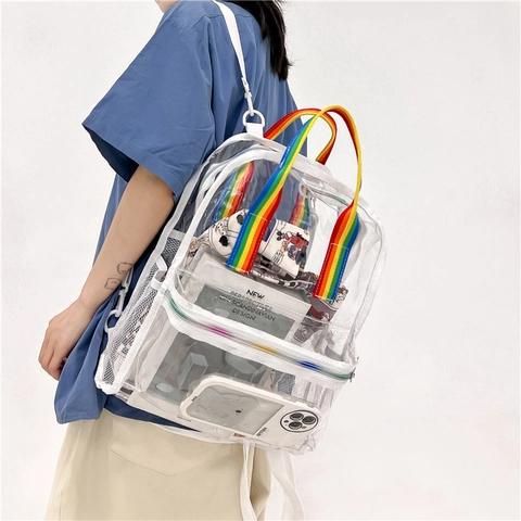 Zaino In PVC Trasparente Impermeabile Grande Capacità Cartella Per Studenti Viaggio Casual Spalline Arcobaleno