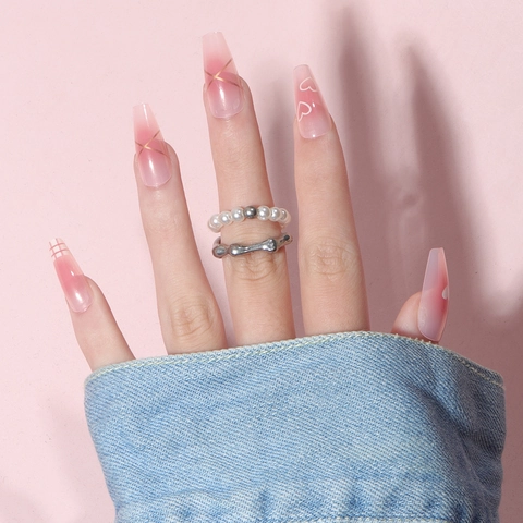 Long Coffin Press On Nails Pink Gradient White Heart Checkerboard Gold Line Glossy False Nails For Women