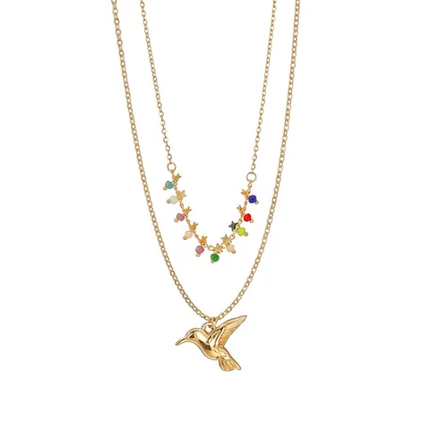 Collar de Doble Capa de Acero Inoxidable Chapado en Oro de 18K Con Colgante de Colibrí y Cuentas de Colores