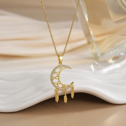 Titanium Steel Moon Dreamcatcher Pendant Necklace With Zirconia Feather Charms Gold Silver Plated Fashion Jewelry For Women