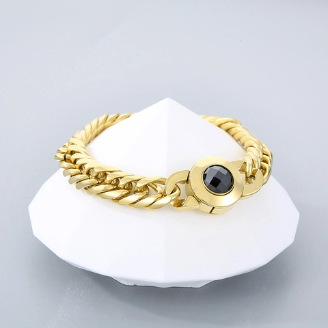 Collana A Catena Cubana Acciaio Inossidabile Lucidato Chiusura Teschio Cristallo Incastonato Moda Hip Hop Punk Uomo