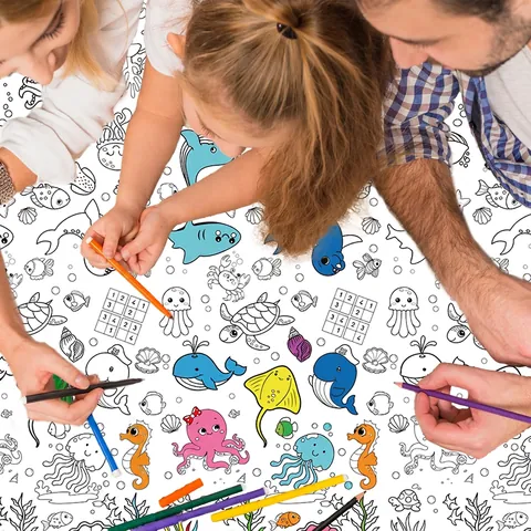 Ocean World Theme Coloring Tablecloth Children DIY Painting Paper Table Cover Birthday Party Decoration Activity