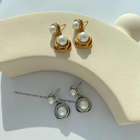 Elegante Druppeloorbellen Roestvrij Staal Met Nep Kunstparels Minimalistisch Spiraal Omwikkeld Vogelnest Ontwerp Voor Dames