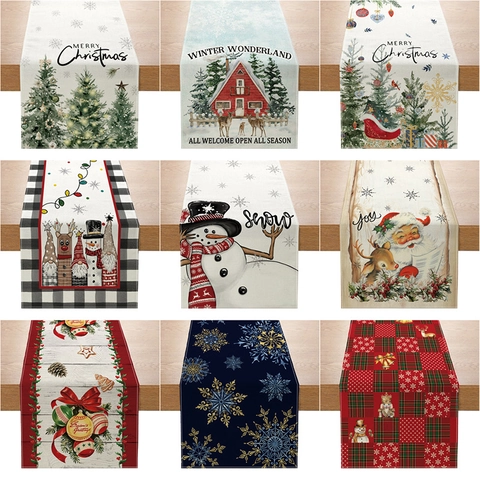 Christmas Table Runner Polyester Linen Style Digital Print Merry Christmas Snowman Santa Holiday Dining Decor