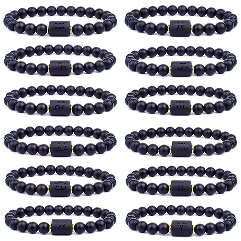 Bracelets De Perles Noires Mattes Constellation Du Zodiaque Bracelet Élastique De Couple Bijoux Minimalistes
