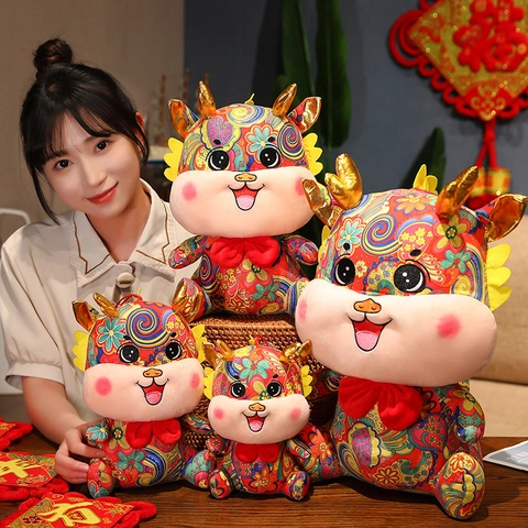 Tierkreis Drache Plüschtier Maskottchen Glücksdrache Wildlederstoff Blumenmuster Weiches Stofftier Festliche Puppe Wohndeko Neujahrsgeschenk