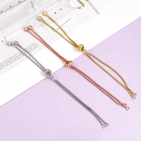 Adjustable Box Chain Bracelet Component 304 Stainless Steel With Slider Bead Cubic Zirconia For DIY Jewelry Making
